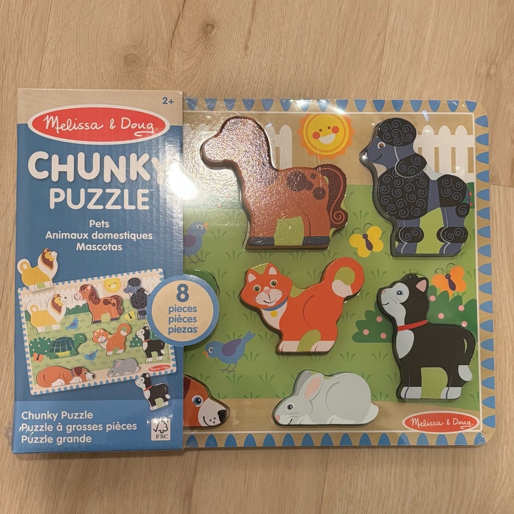NWT Melissa & Doug Chunky wood Puzzle - Farm Animals with Red and Blue